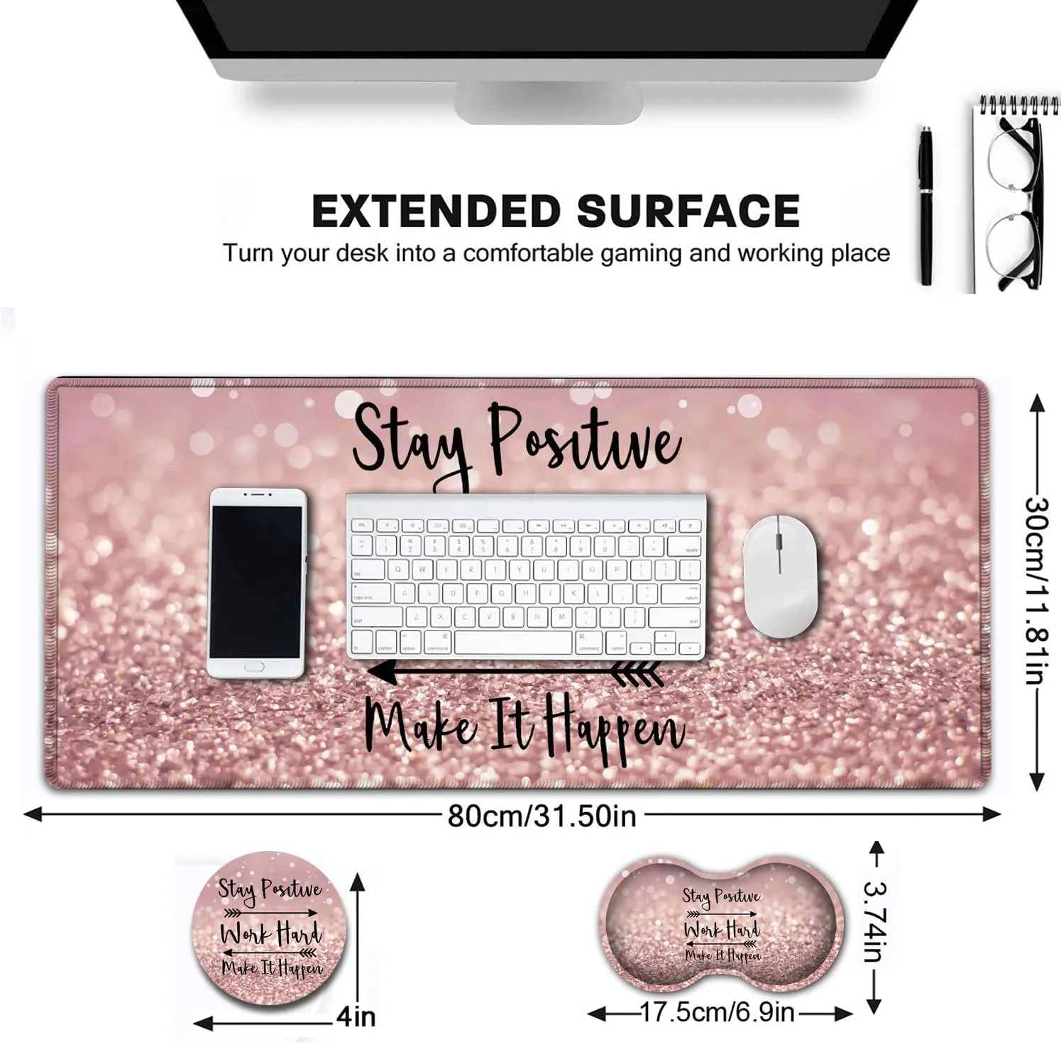 Large Gaming Mouse Pad,Extended Waterproof Desk Pad Protector (31.5" x 11.8") Ergonomics Memory Foam Mouse Wrist Rest Support,for Home Office Laptop,Hard Work Inspirational Quotes Pink Gilt Mouse Mat
