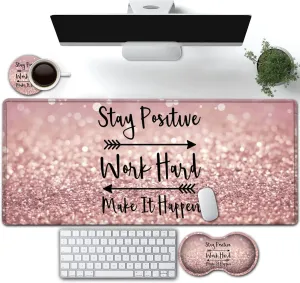 Large Gaming Mouse Pad,Extended Waterproof Desk Pad Protector (31.5" x 11.8") Ergonomics Memory Foam Mouse Wrist Rest Support,for Home Office Laptop,Hard Work Inspirational Quotes Pink Gilt Mouse Mat