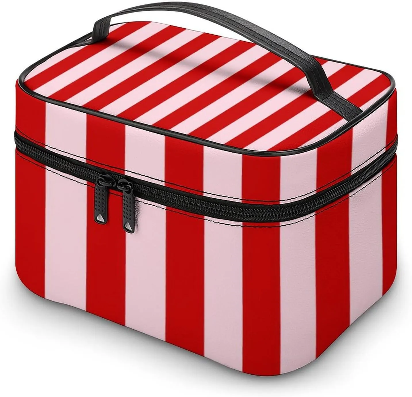 Leather Cosmetic Case, Pink Red Classic Stripes Portable Makeup Bag Organizer Large Capacity Travel Toiletry Bag with Zipper