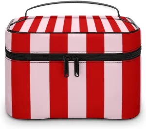Leather Cosmetic Case, Pink Red Classic Stripes Portable Makeup Bag Organizer Large Capacity Travel Toiletry Bag with Zipper