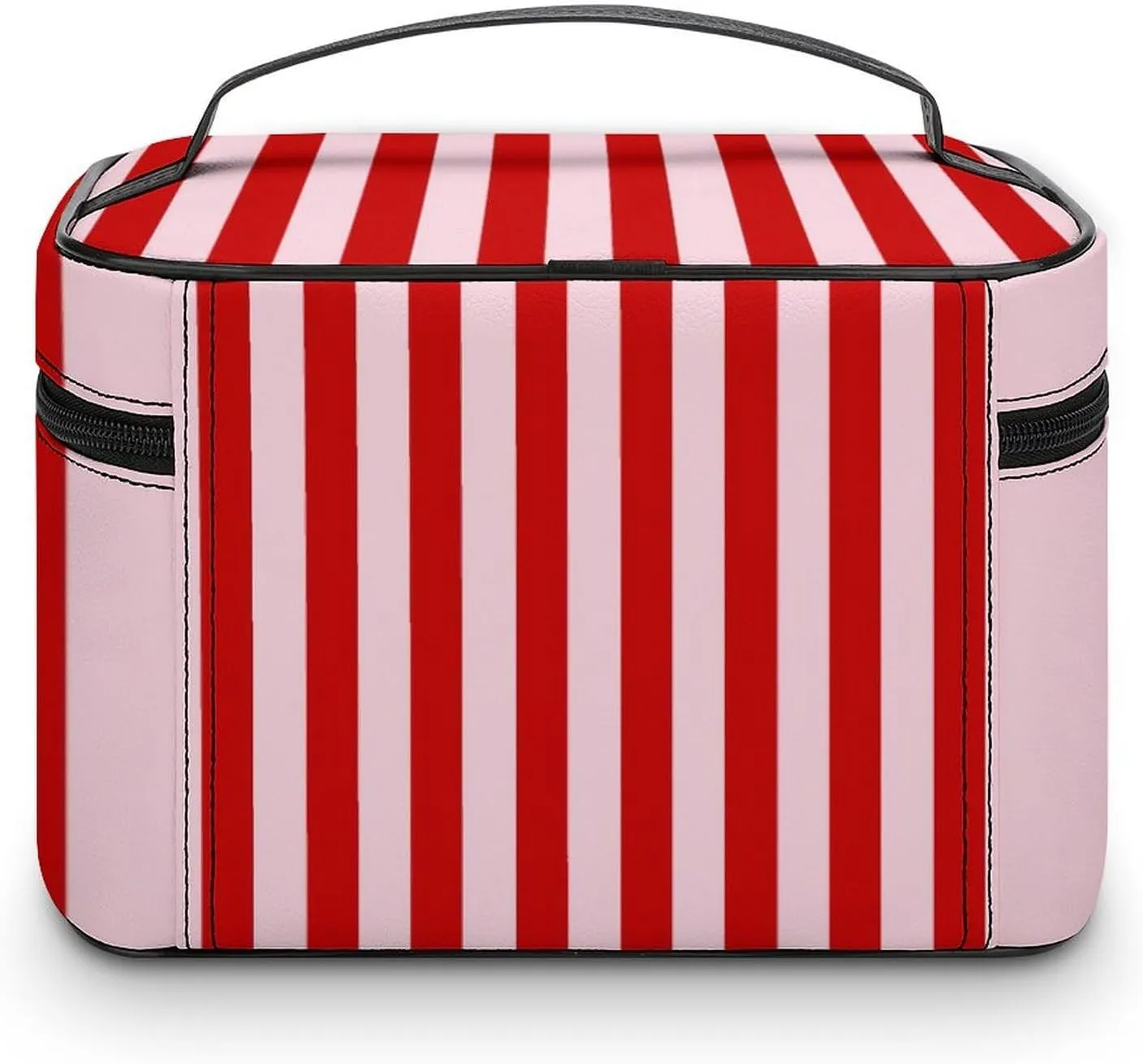 Leather Cosmetic Case, Pink Red Classic Stripes Portable Makeup Bag Organizer Large Capacity Travel Toiletry Bag with Zipper