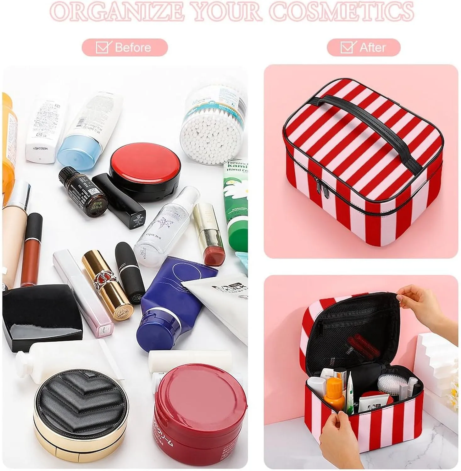 Leather Cosmetic Case, Pink Red Classic Stripes Portable Makeup Bag Organizer Large Capacity Travel Toiletry Bag with Zipper