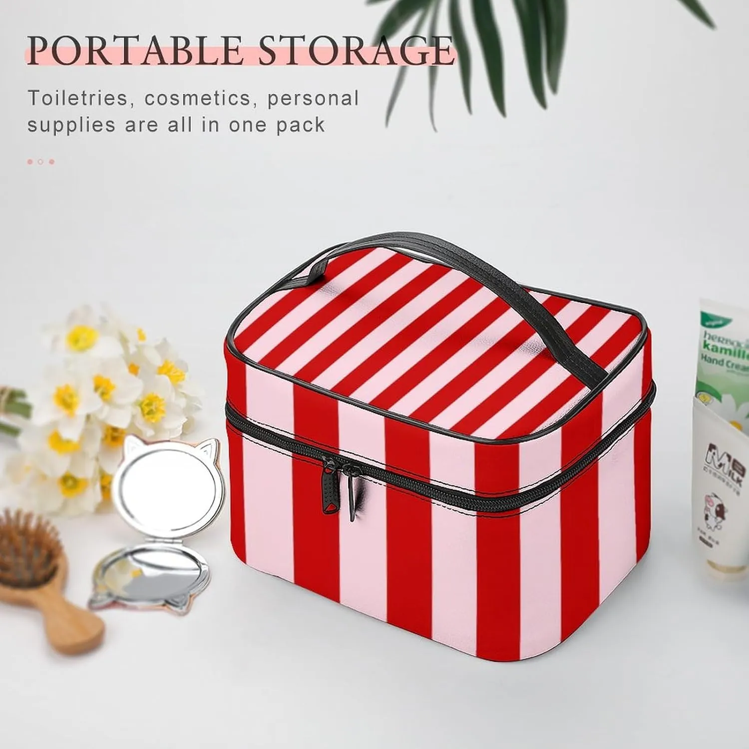 Leather Cosmetic Case, Pink Red Classic Stripes Portable Makeup Bag Organizer Large Capacity Travel Toiletry Bag with Zipper