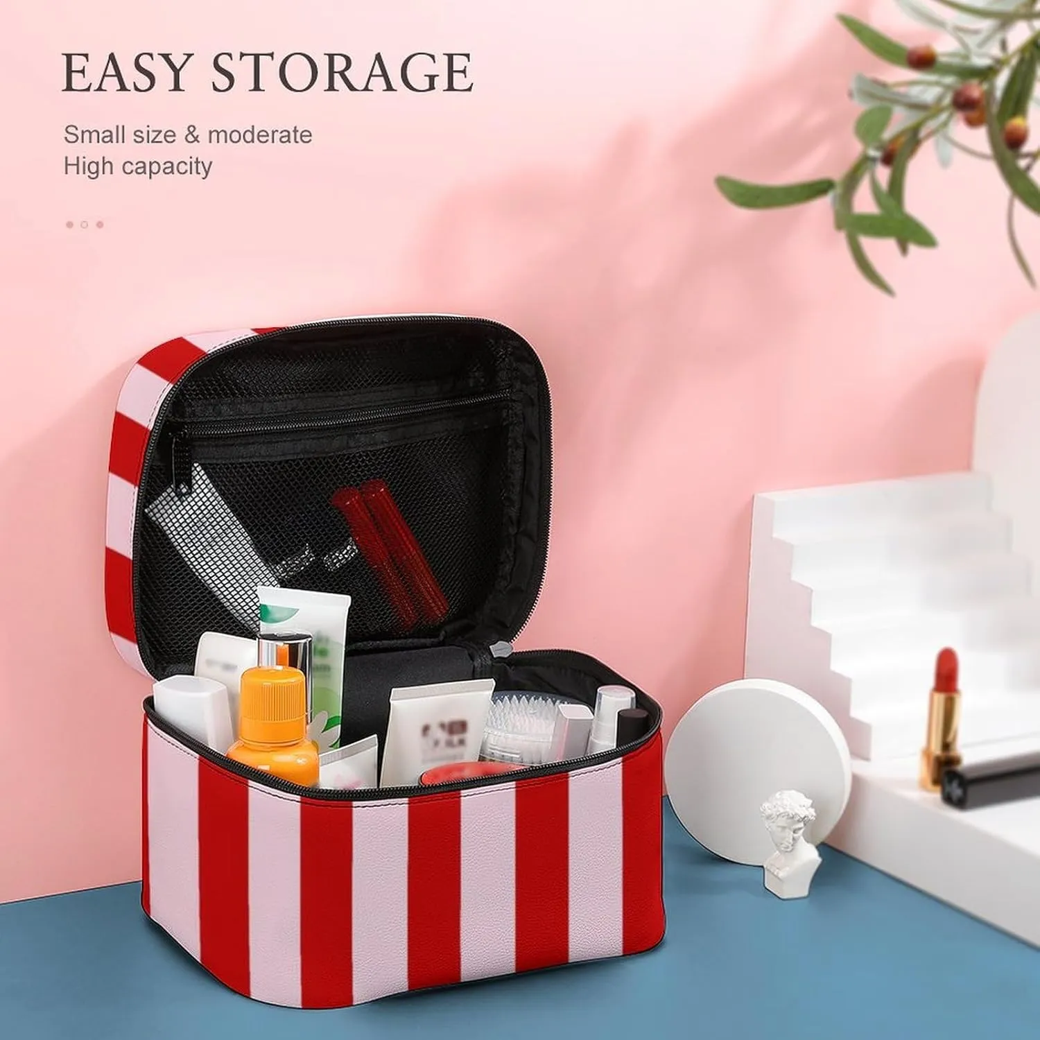 Leather Cosmetic Case, Pink Red Classic Stripes Portable Makeup Bag Organizer Large Capacity Travel Toiletry Bag with Zipper