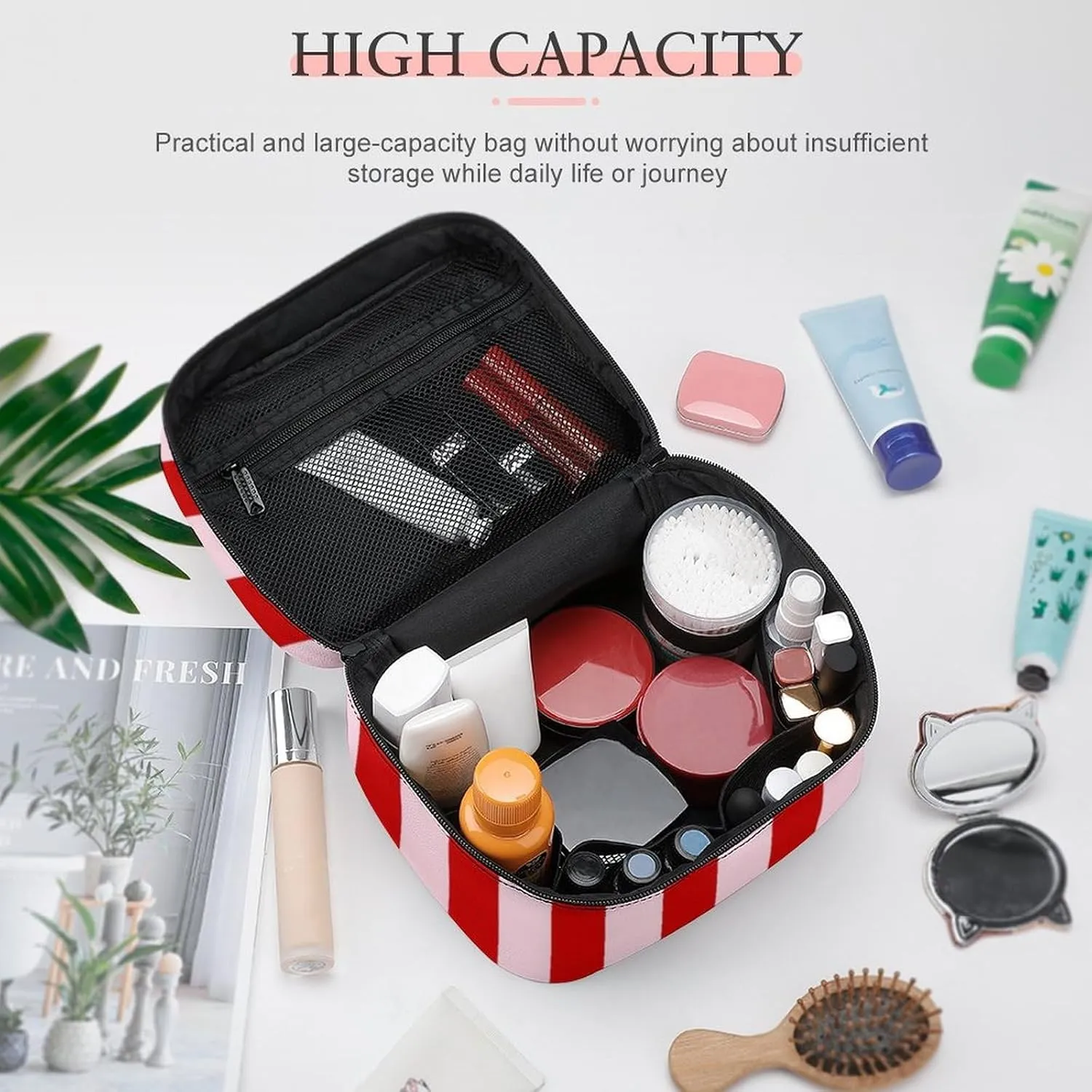 Leather Cosmetic Case, Pink Red Classic Stripes Portable Makeup Bag Organizer Large Capacity Travel Toiletry Bag with Zipper