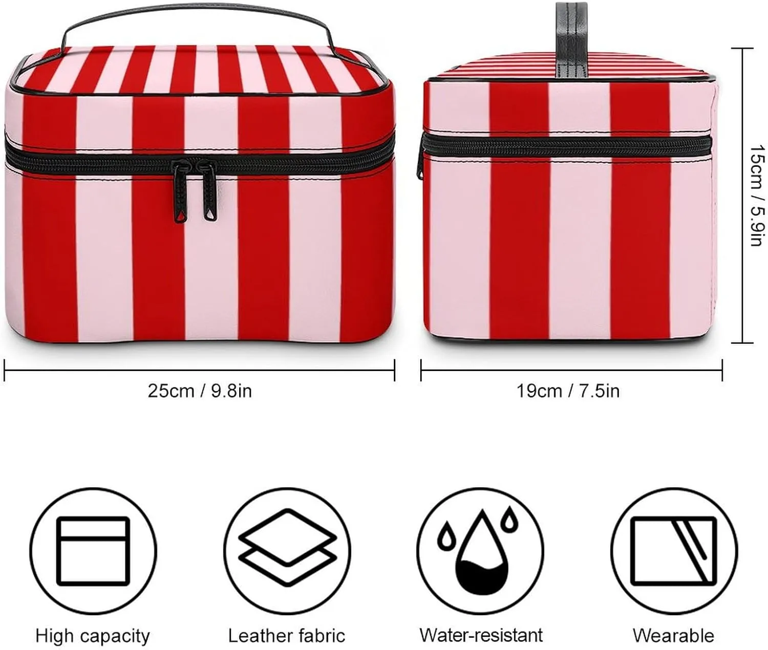 Leather Cosmetic Case, Pink Red Classic Stripes Portable Makeup Bag Organizer Large Capacity Travel Toiletry Bag with Zipper