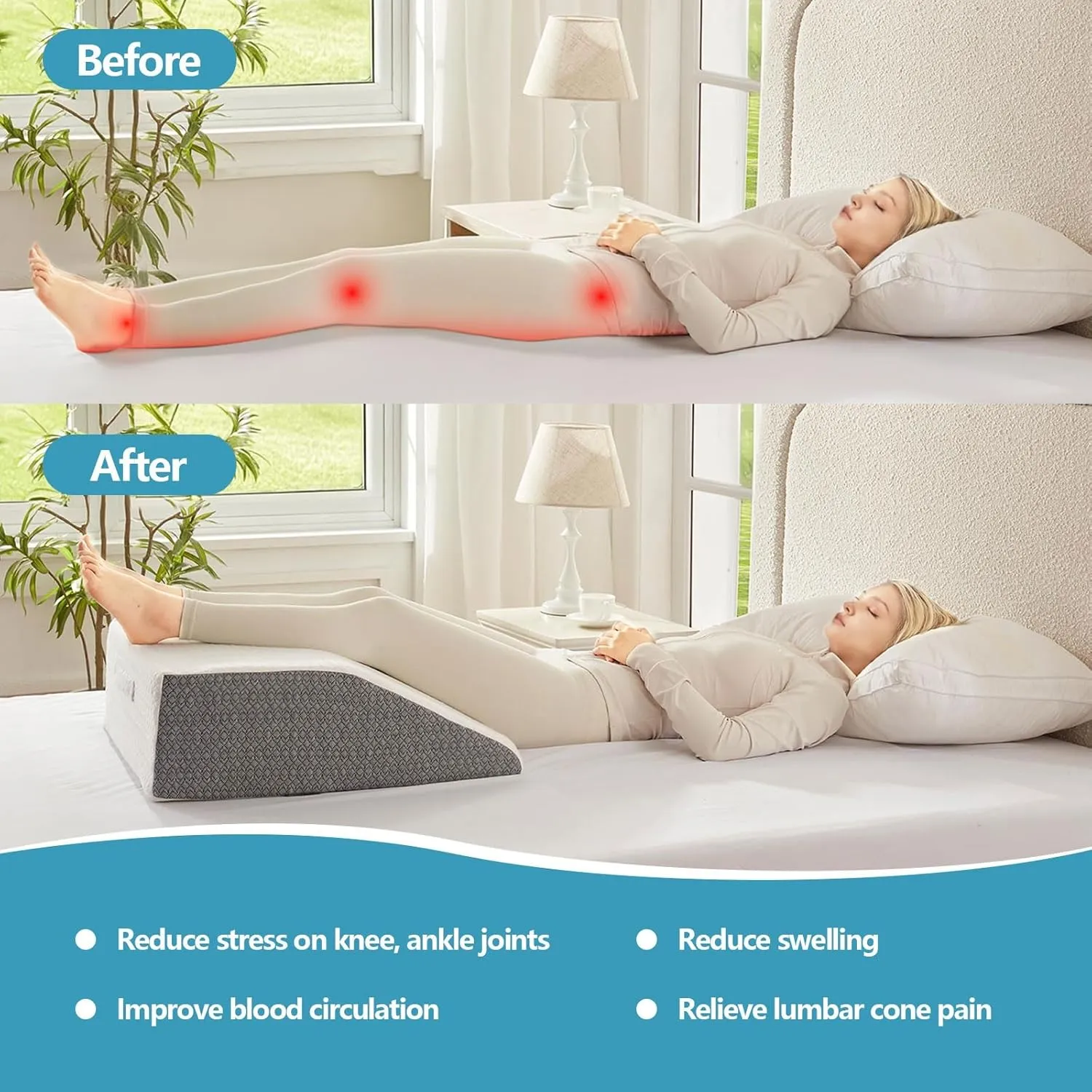 Leg Pillow for Elevation & Support, 24"x22"x6" Memory Foam Cushion with Grey White Patterned Polyester Cover, Ideal for Improving Circulation & Relaxing Leg