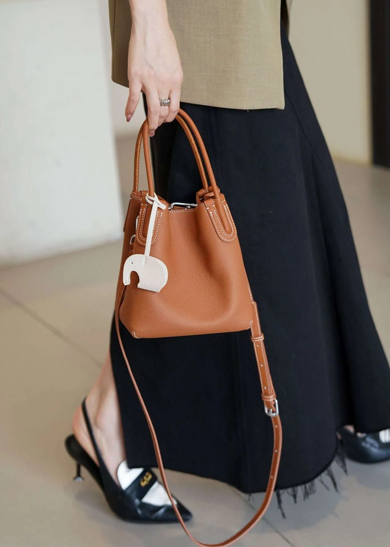 Lightweight Soft Leather Bucket Bag