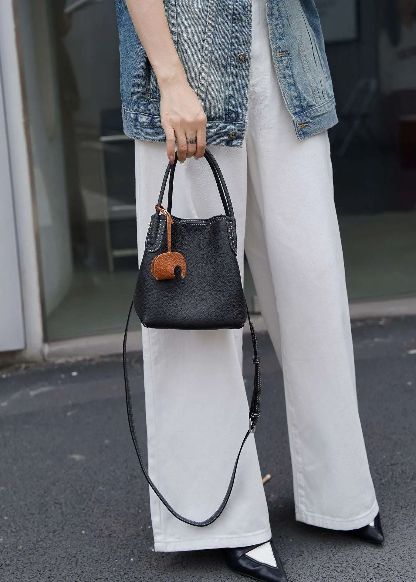 Lightweight Soft Leather Bucket Bag