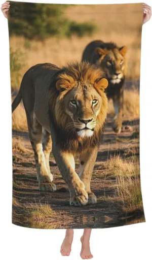 Lightweight Thin Beach Towel, Microfiberc Swim Towels for Adult Travel Camping Gift Lions Roaming Free Print 52x32 in
