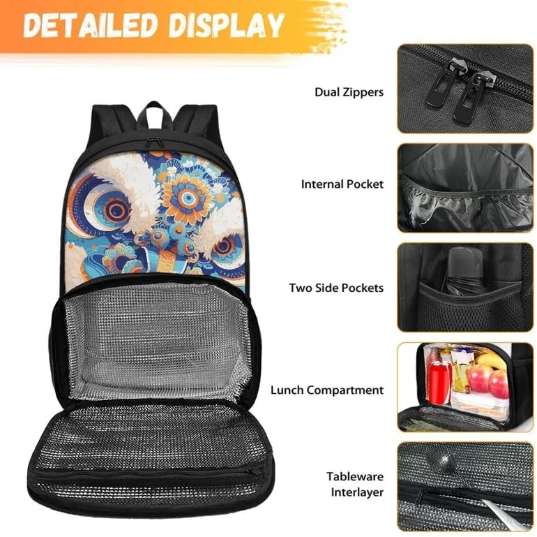 Lion Dance Lotus School Bookbag Set with Chinese Lion Waterlily Lunch Box for Kids Boys Girls Back to School Gifts fit Girls Teens