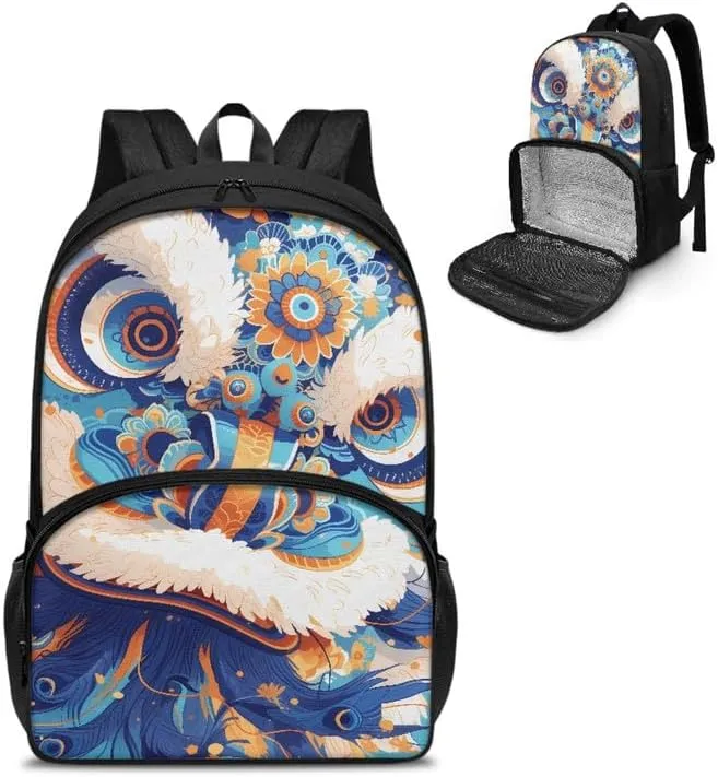 Lion Dance Lotus School Bookbag Set with Chinese Lion Waterlily Lunch Box for Kids Boys Girls Back to School Gifts fit Girls Teens