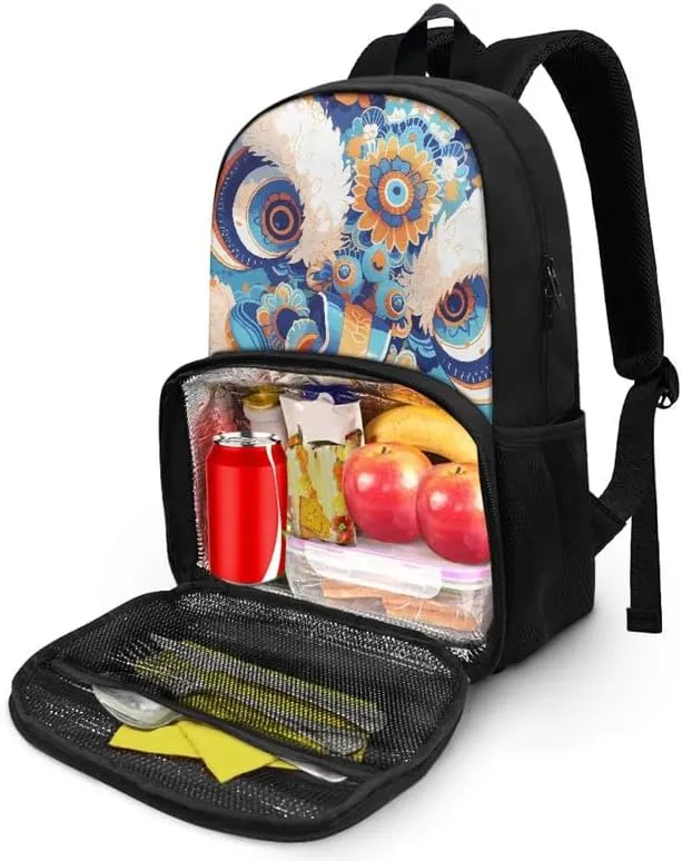 Lion Dance Lotus School Bookbag Set with Chinese Lion Waterlily Lunch Box for Kids Boys Girls Back to School Gifts fit Girls Teens