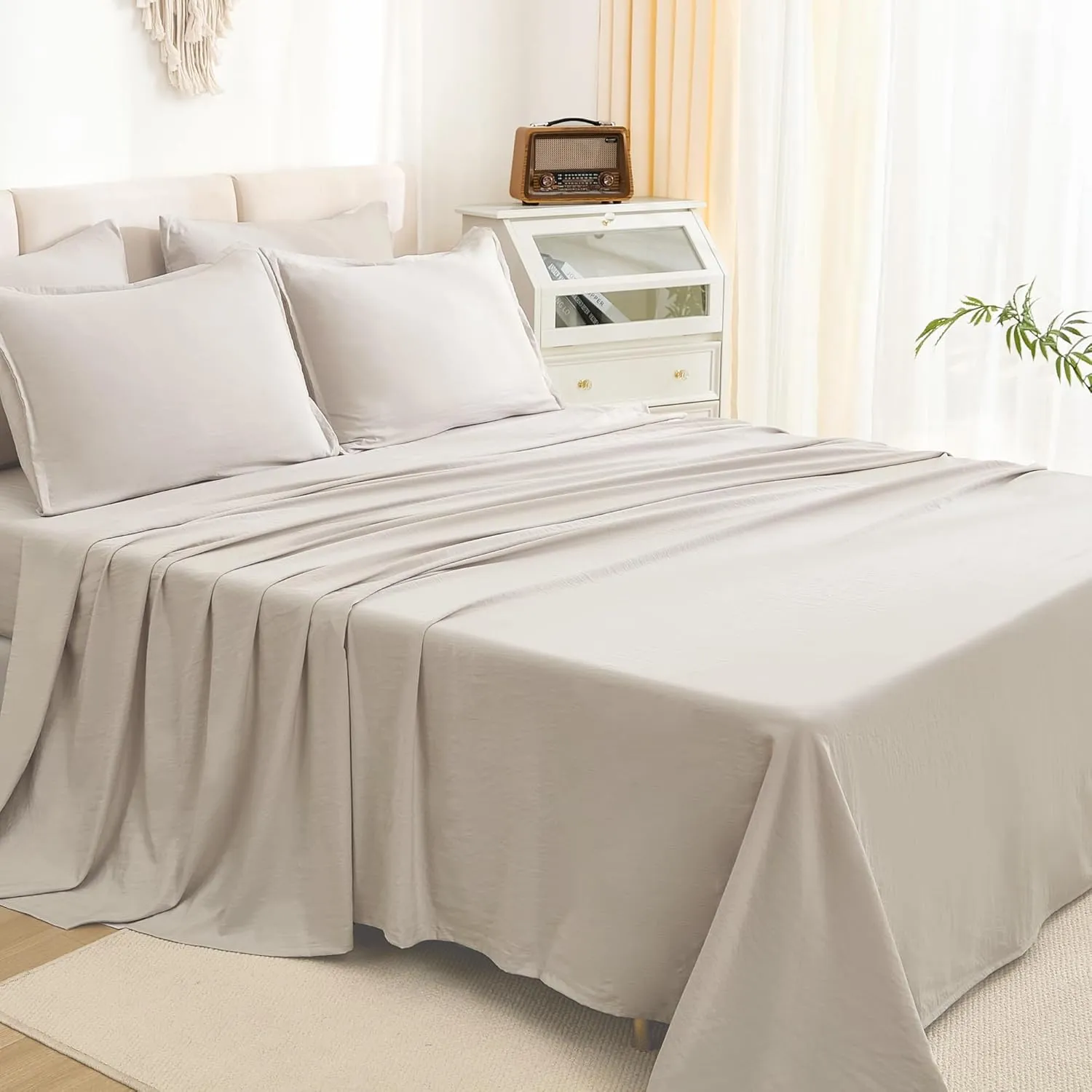 Litanika Queen Comforter Set Linen - 7 Pieces Bed in a Bag Queen Beddding Comforter Sets, Solid Lightweight Bed Set with Comforter, Sheets, Pillowcases & Shams