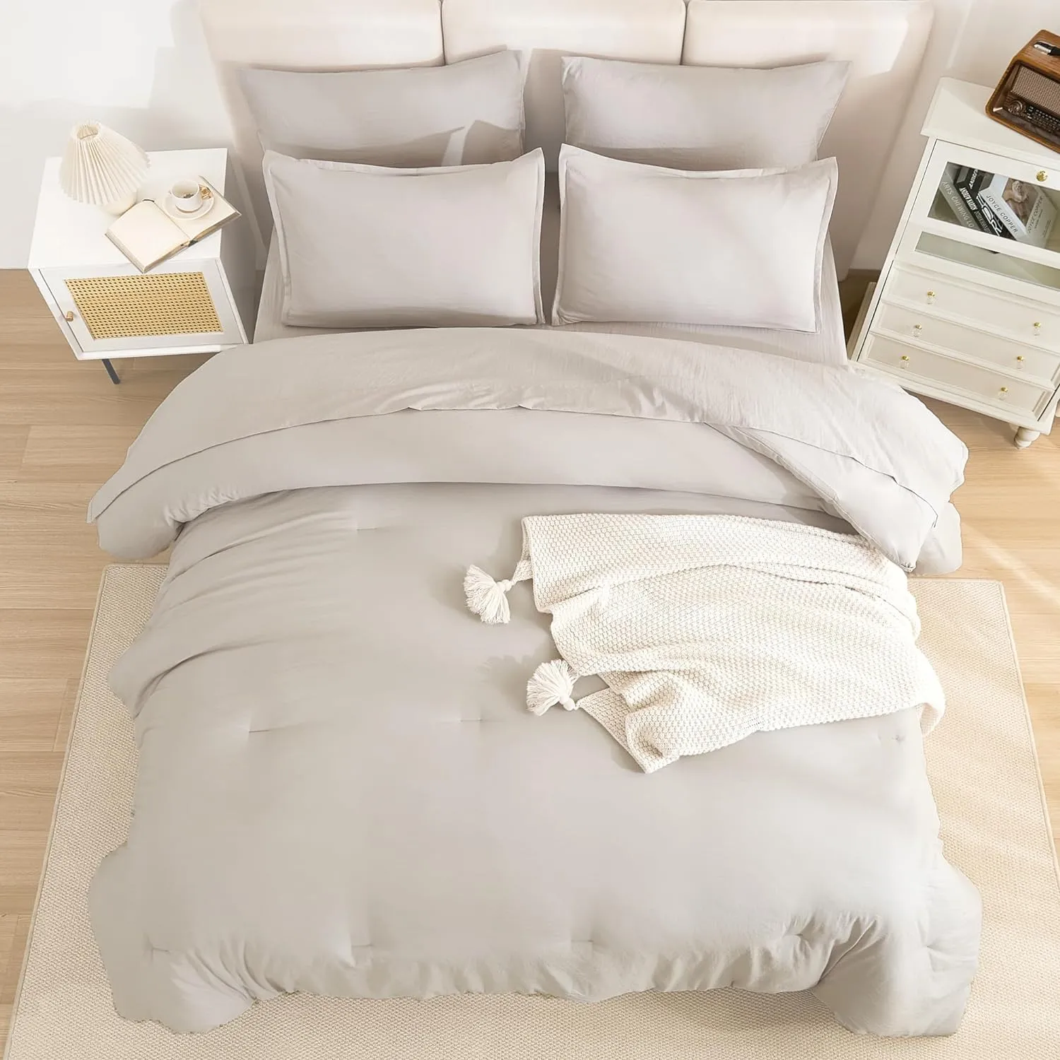 Litanika Queen Comforter Set Linen - 7 Pieces Bed in a Bag Queen Beddding Comforter Sets, Solid Lightweight Bed Set with Comforter, Sheets, Pillowcases & Shams