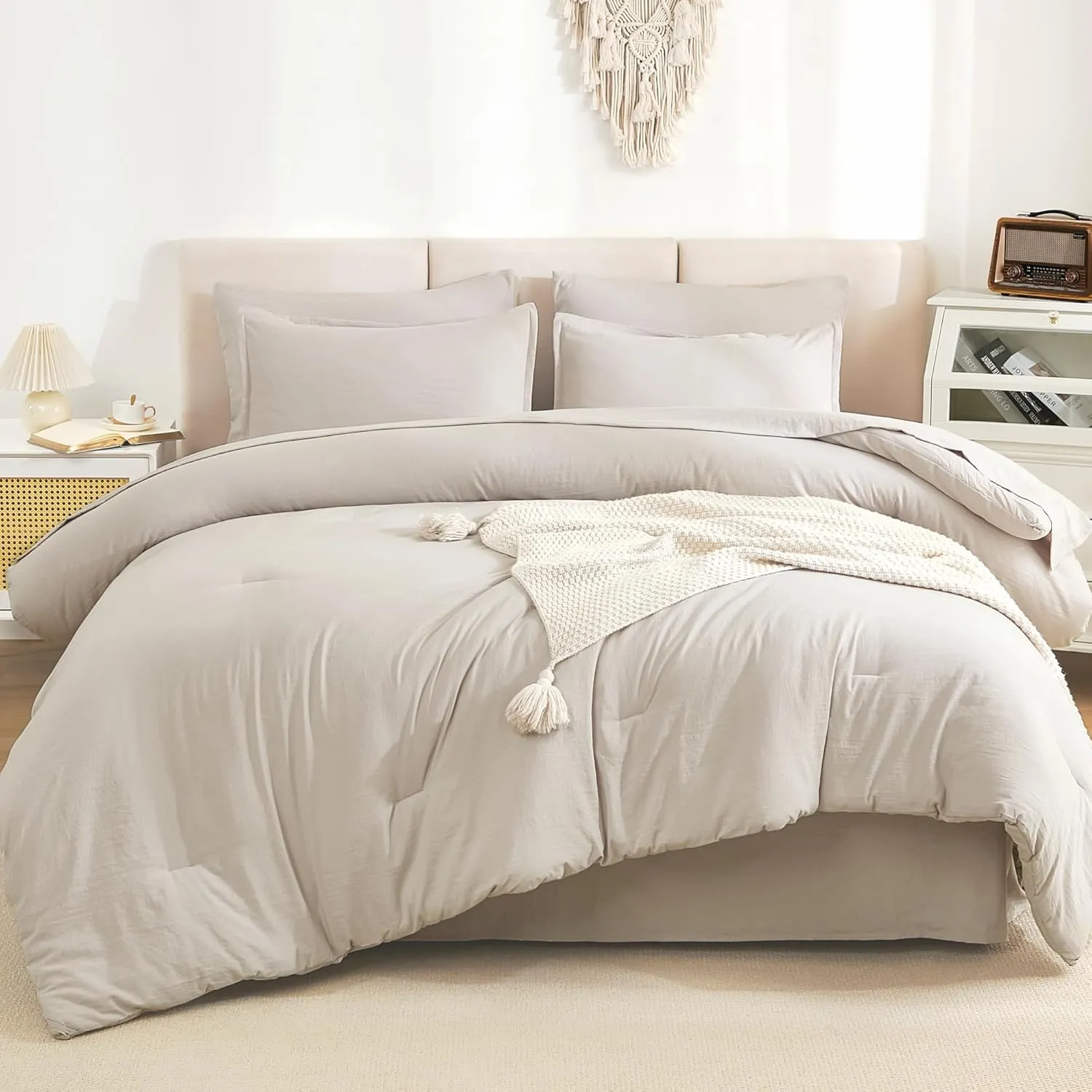 Litanika Queen Comforter Set Linen - 7 Pieces Bed in a Bag Queen Beddding Comforter Sets, Solid Lightweight Bed Set with Comforter, Sheets, Pillowcases & Shams