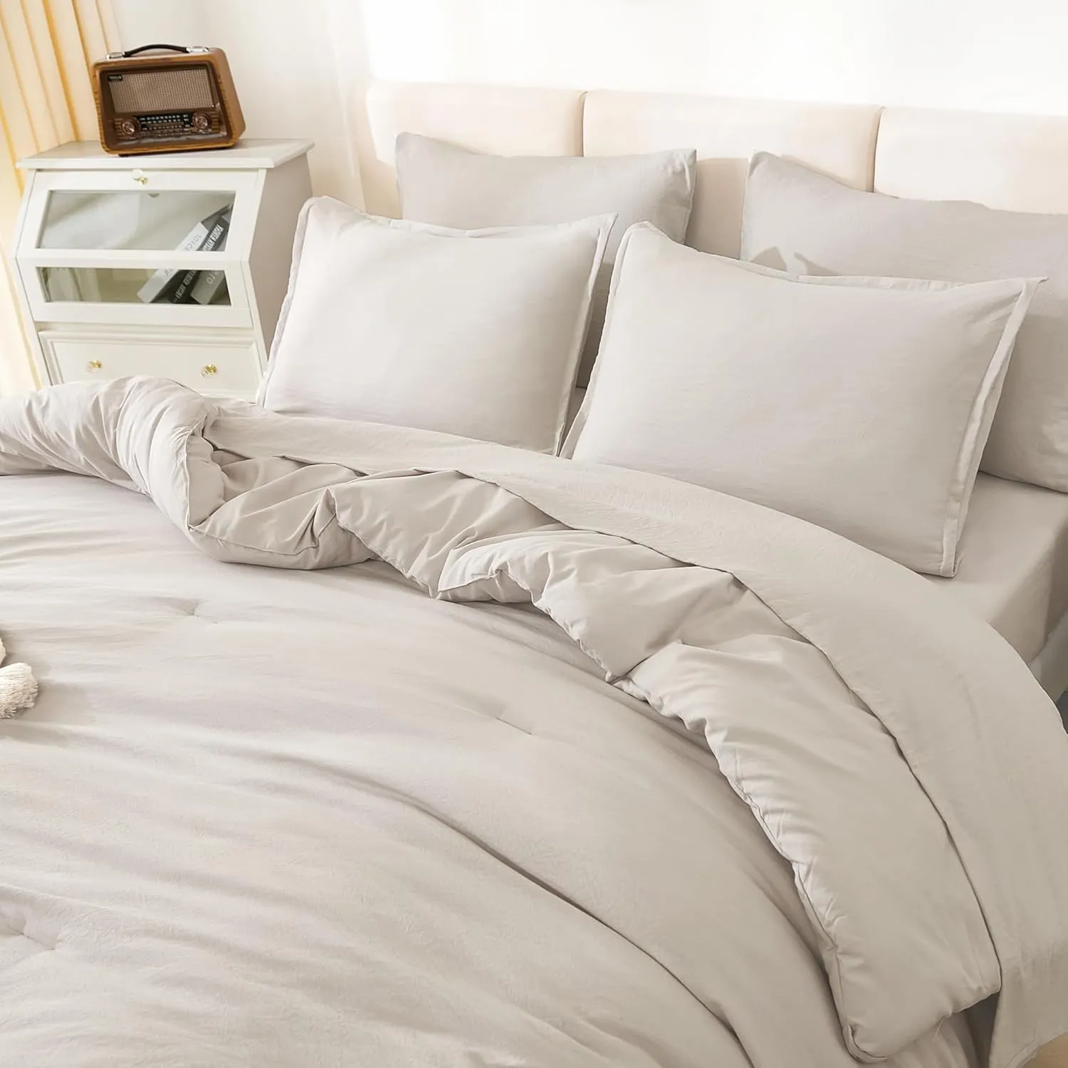 Litanika Queen Comforter Set Linen - 7 Pieces Bed in a Bag Queen Beddding Comforter Sets, Solid Lightweight Bed Set with Comforter, Sheets, Pillowcases & Shams