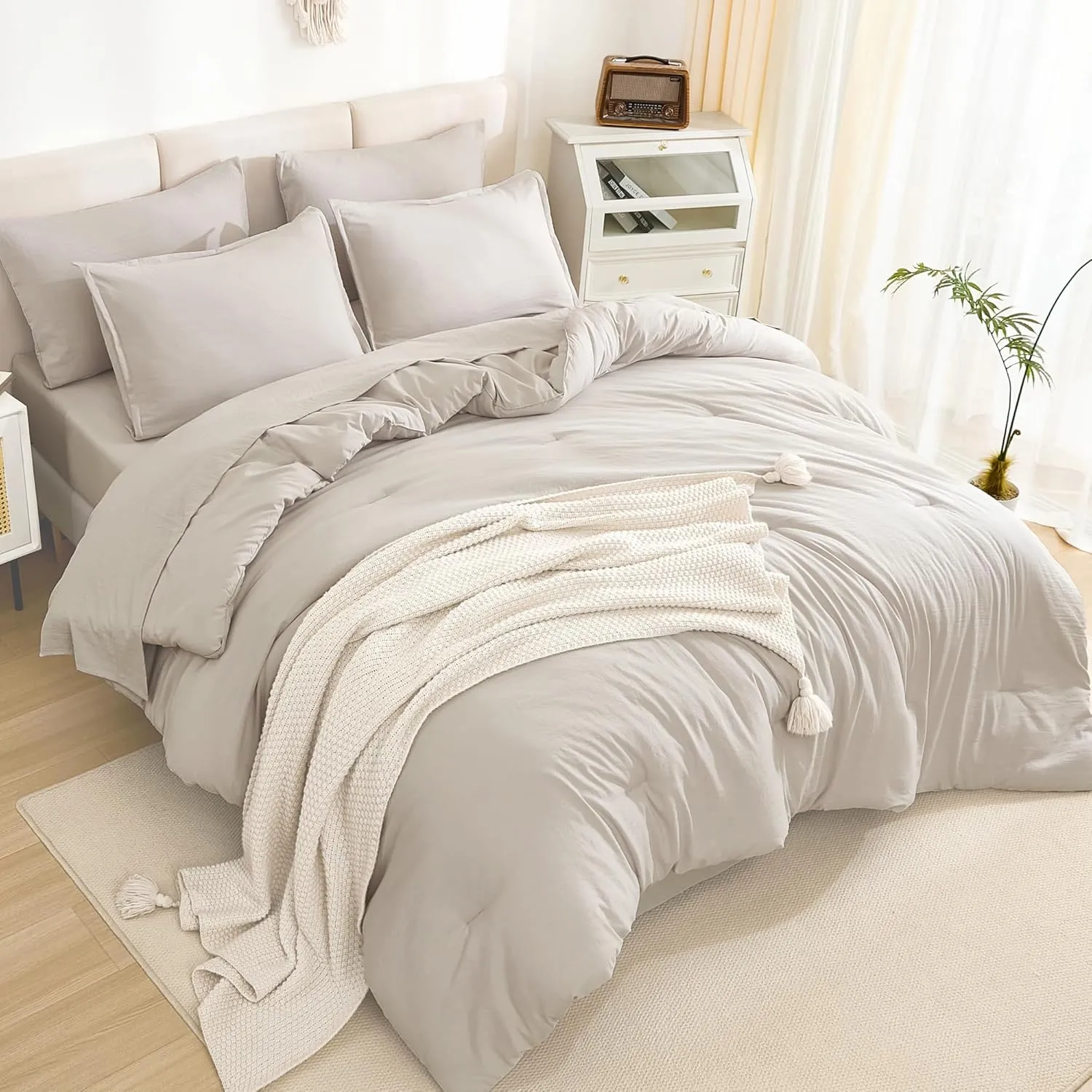 Litanika Queen Comforter Set Linen - 7 Pieces Bed in a Bag Queen Beddding Comforter Sets, Solid Lightweight Bed Set with Comforter, Sheets, Pillowcases & Shams