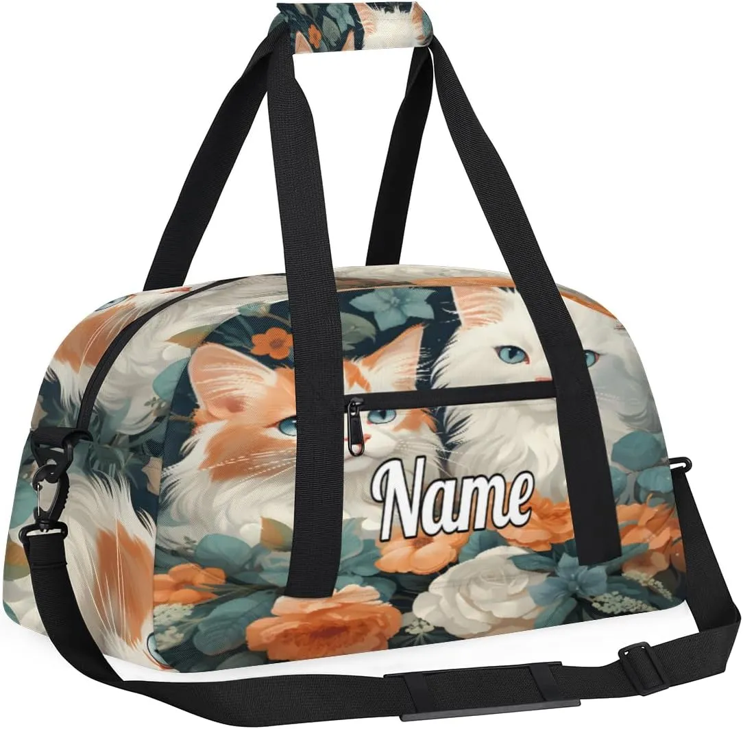 Lovely Cat Flowers Custom Name Sport Duffel Bag Dance Bag for Girls Teens Personalized Ballet Bag Gift for Birthday Christmas Helloween