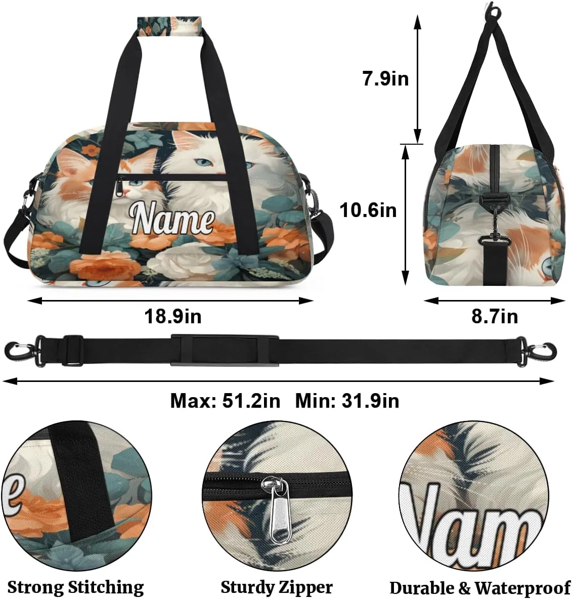 Lovely Cat Flowers Custom Name Sport Duffel Bag Dance Bag for Girls Teens Personalized Ballet Bag Gift for Birthday Christmas Helloween
