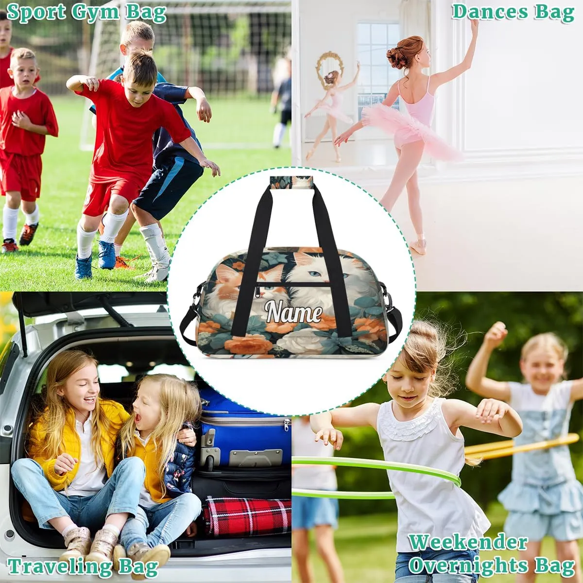 Lovely Cat Flowers Custom Name Sport Duffel Bag Dance Bag for Girls Teens Personalized Ballet Bag Gift for Birthday Christmas Helloween