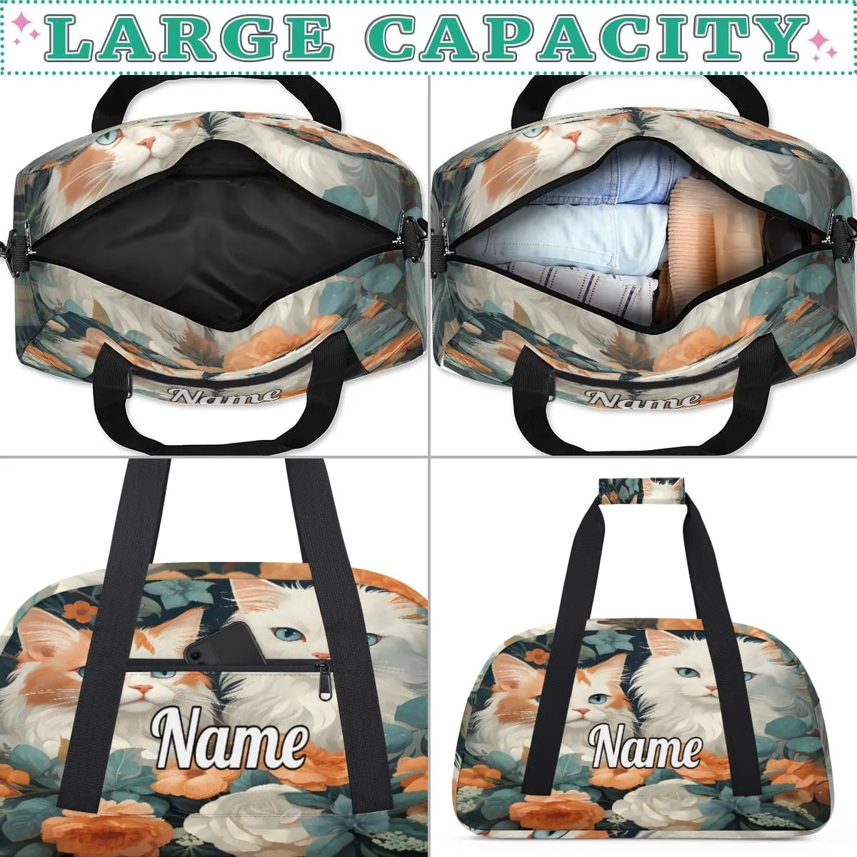 Lovely Cat Flowers Custom Name Sport Duffel Bag Dance Bag for Girls Teens Personalized Ballet Bag Gift for Birthday Christmas Helloween