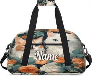 Lovely Cat Flowers Custom Name Sport Duffel Bag Dance Bag for Girls Teens Personalized Ballet Bag Gift for Birthday Christmas Helloween