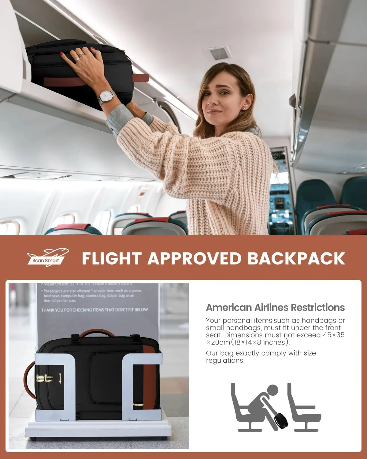 LOVEVOOK Carry On Travel Backpack For Women Men Flight Approved, 40L Personal Item Backpack for Airplanes, Business Weekender Overnight Daypack Fits 17 Inch Laptop, With 2 Packing Cubes, Black-Brown