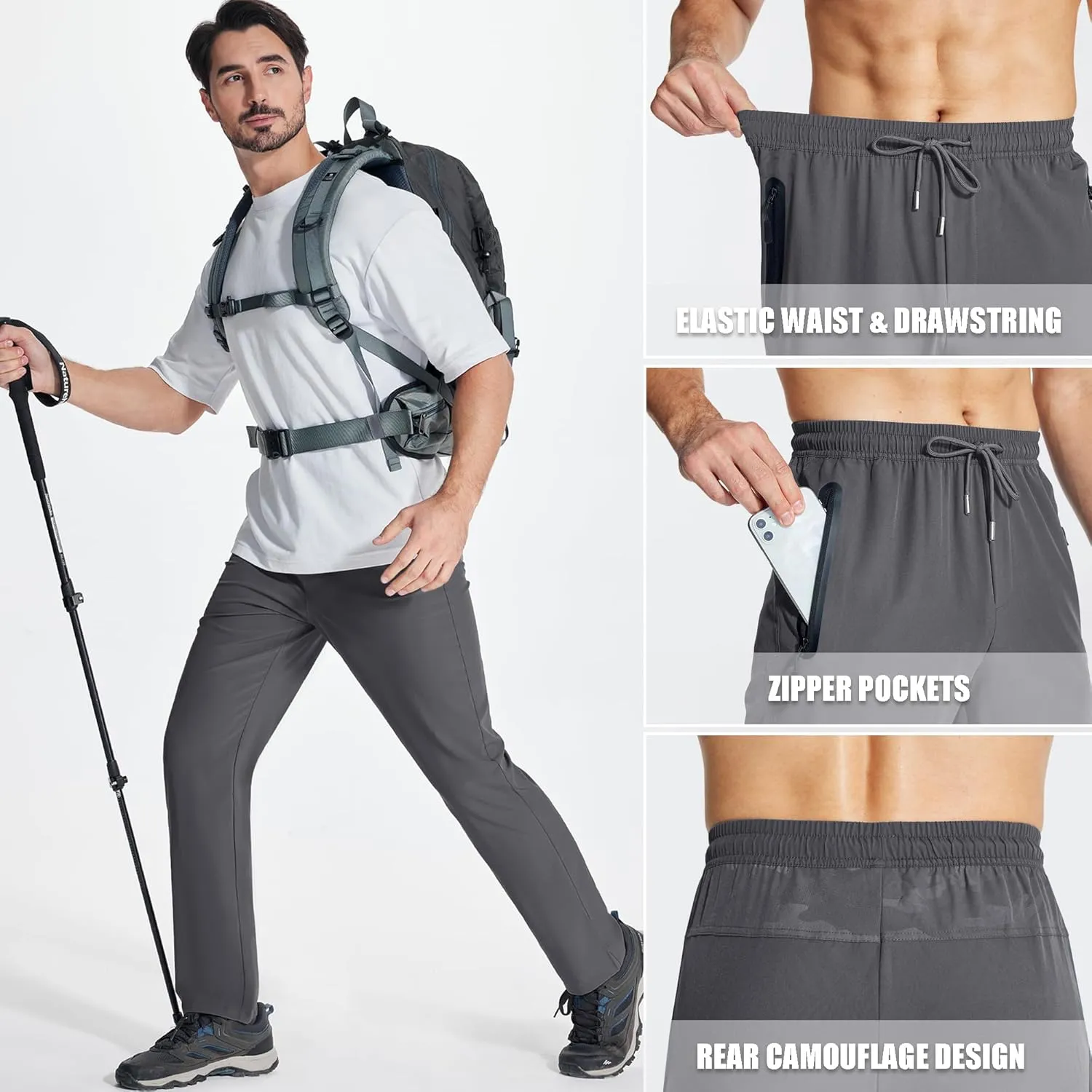 MAGCOMSEN Men's Lightweight Hiking Pants Quick Dry Running Pants with Zipper Pockets Open Bottom Sweatpants Workout