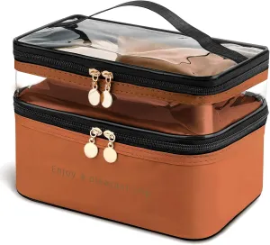 Makeup Bag, Double Layer Cosmetic Case Organizer, Girls Toiletry Bag, Clear Waterproof Cosmetic Bags With Handle, for Women Traveling Accessories Bottles, Brushes, Skin Care Products (Brown)