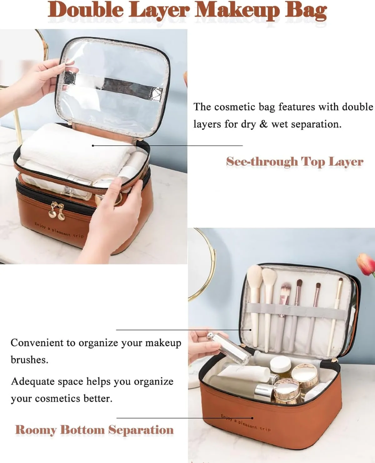 Makeup Bag, Double Layer Cosmetic Case Organizer, Girls Toiletry Bag, Clear Waterproof Cosmetic Bags With Handle, for Women Traveling Accessories Bottles, Brushes, Skin Care Products (Brown)