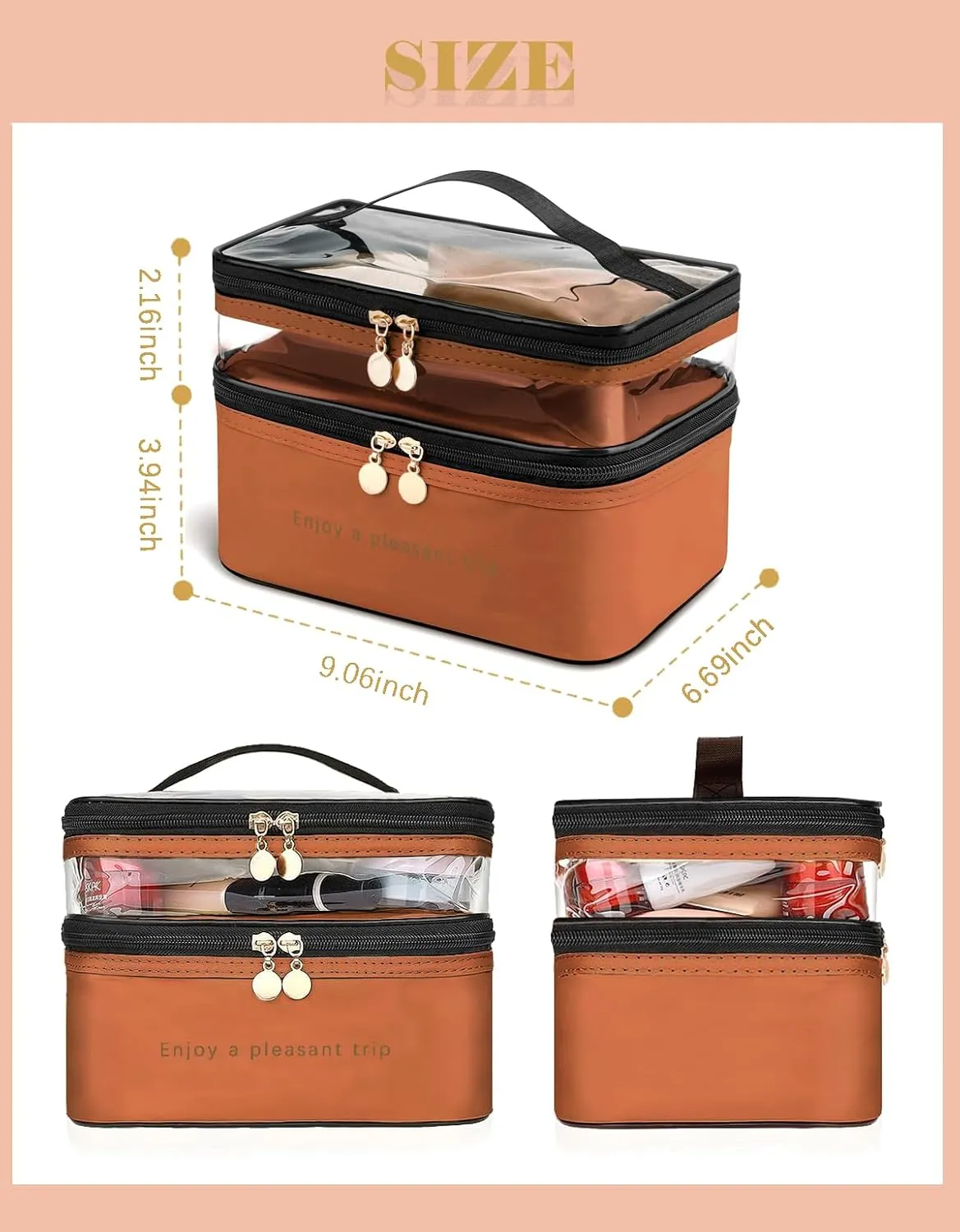 Makeup Bag, Double Layer Cosmetic Case Organizer, Girls Toiletry Bag, Clear Waterproof Cosmetic Bags With Handle, for Women Traveling Accessories Bottles, Brushes, Skin Care Products (Brown)