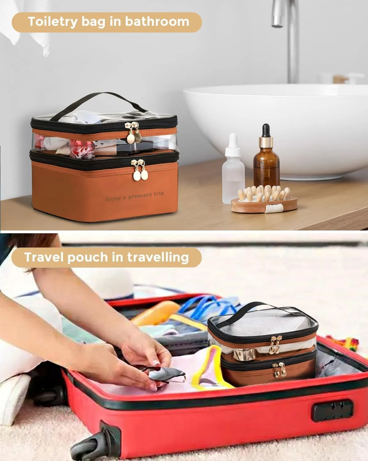 Makeup Bag, Double Layer Cosmetic Case Organizer, Girls Toiletry Bag, Clear Waterproof Cosmetic Bags With Handle, for Women Traveling Accessories Bottles, Brushes, Skin Care Products (Brown)