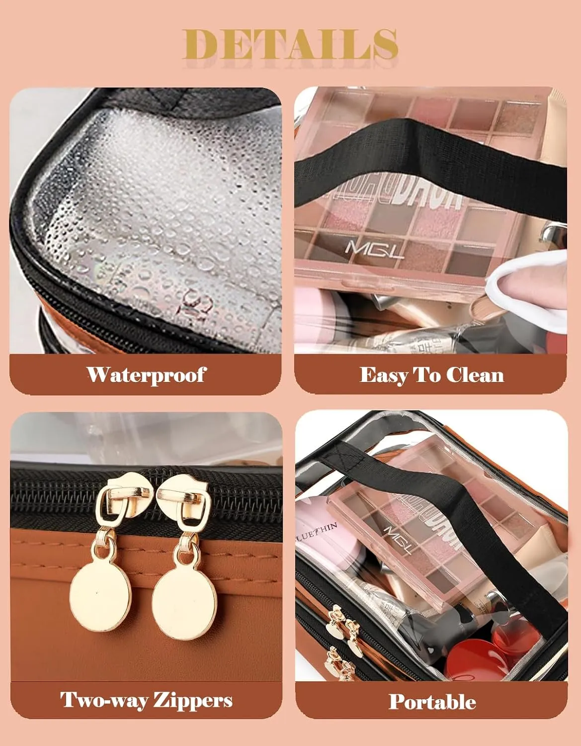 Makeup Bag, Double Layer Cosmetic Case Organizer, Girls Toiletry Bag, Clear Waterproof Cosmetic Bags With Handle, for Women Traveling Accessories Bottles, Brushes, Skin Care Products (Brown)