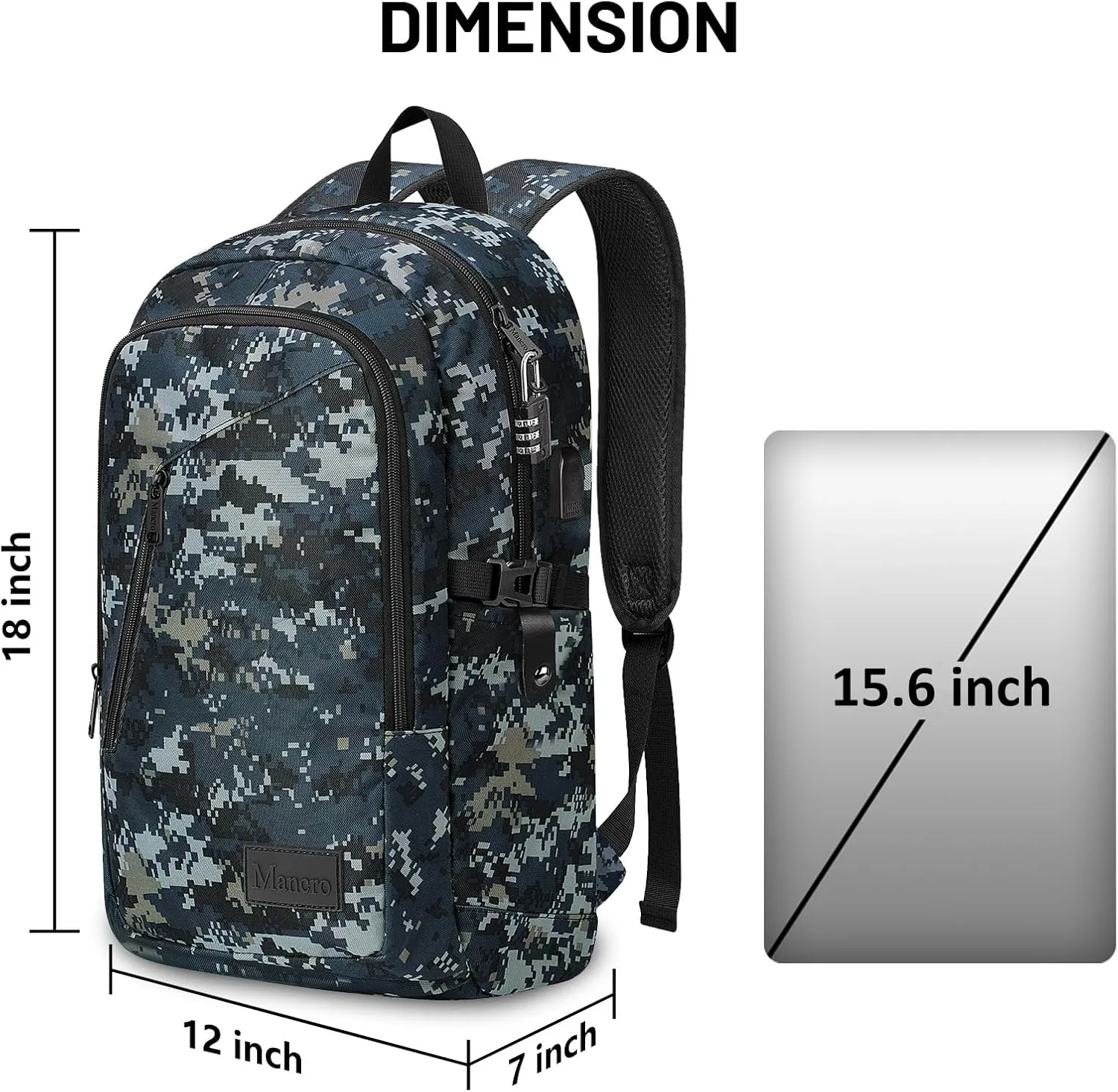 Mancro Camouflage Travel Laptop Backpack, Lightweight Laptop Bag with USB Charging Port and Lock, Anti Theft Camo Daypack for Men Women fit 15.6 Inch Laptop & Computer, Camouflage