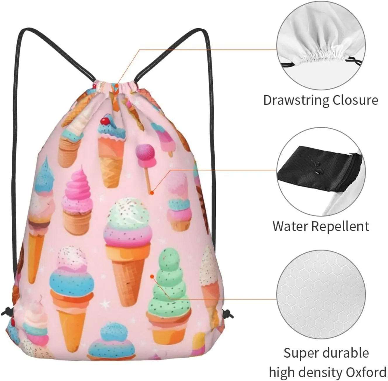 Many Colored Ice Cream Drawstring Cinch Backpack Polyester Sack Pack String Bag For Hiking Camping Adventure