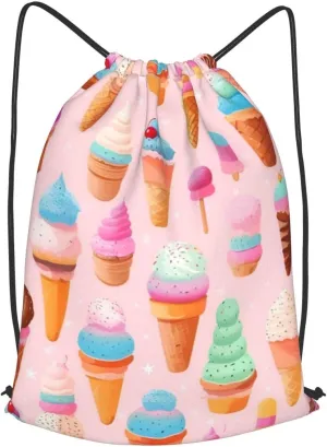 Many Colored Ice Cream Drawstring Cinch Backpack Polyester Sack Pack String Bag For Hiking Camping Adventure