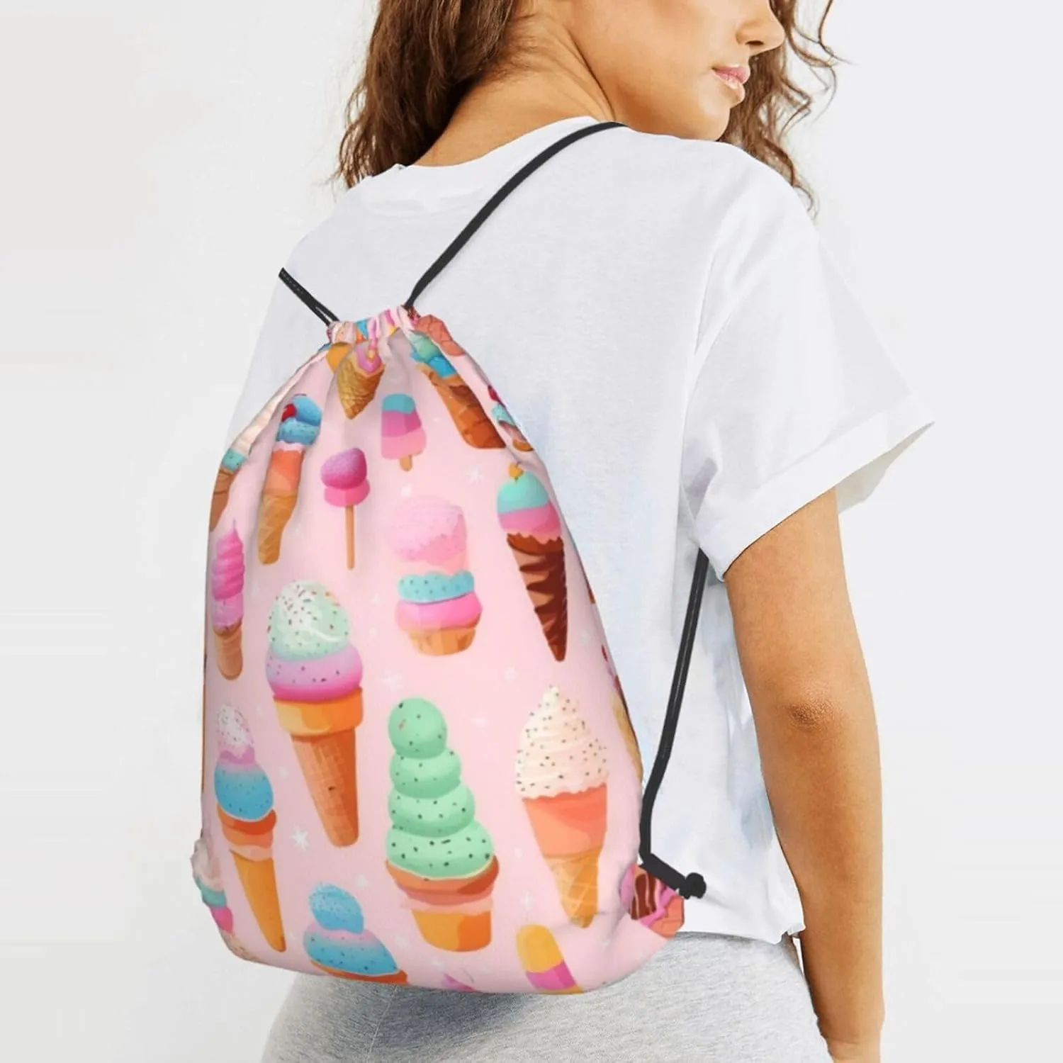 Many Colored Ice Cream Drawstring Cinch Backpack Polyester Sack Pack String Bag For Hiking Camping Adventure