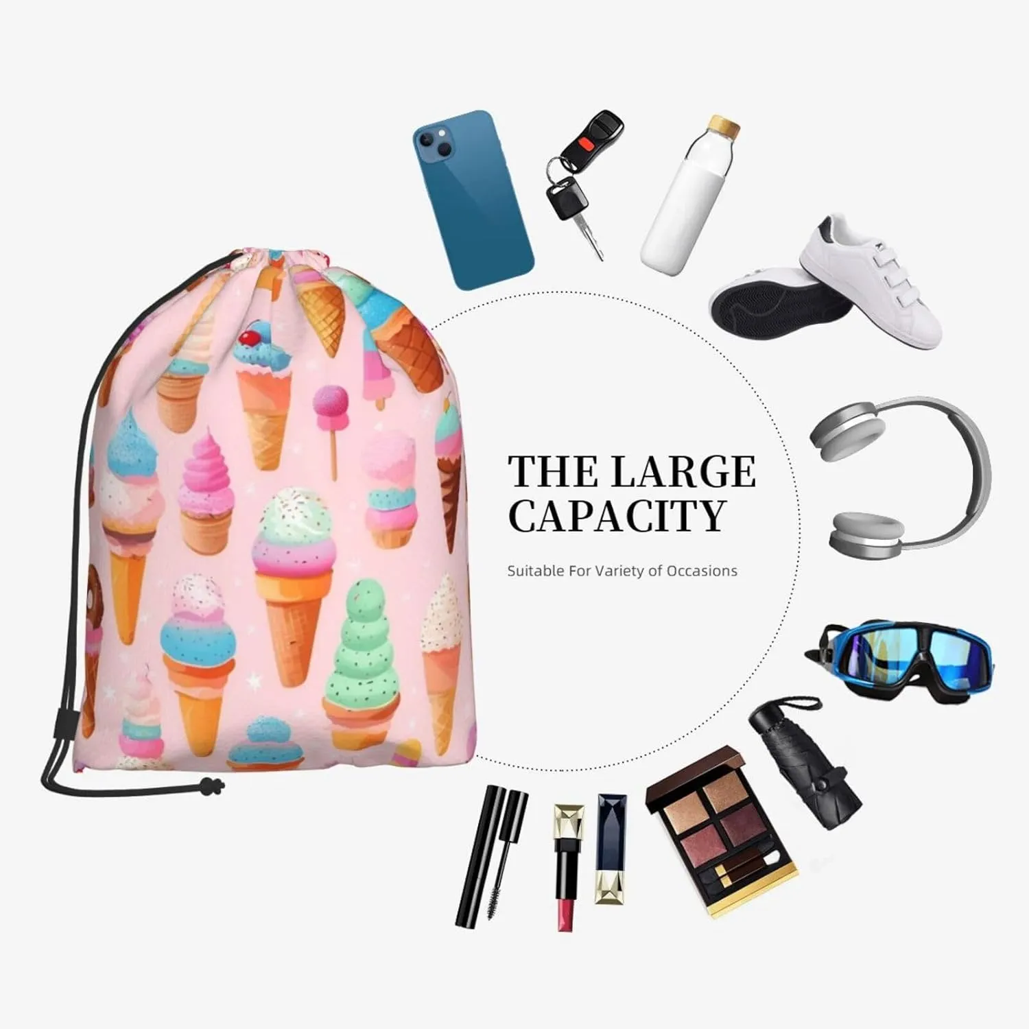 Many Colored Ice Cream Drawstring Cinch Backpack Polyester Sack Pack String Bag For Hiking Camping Adventure