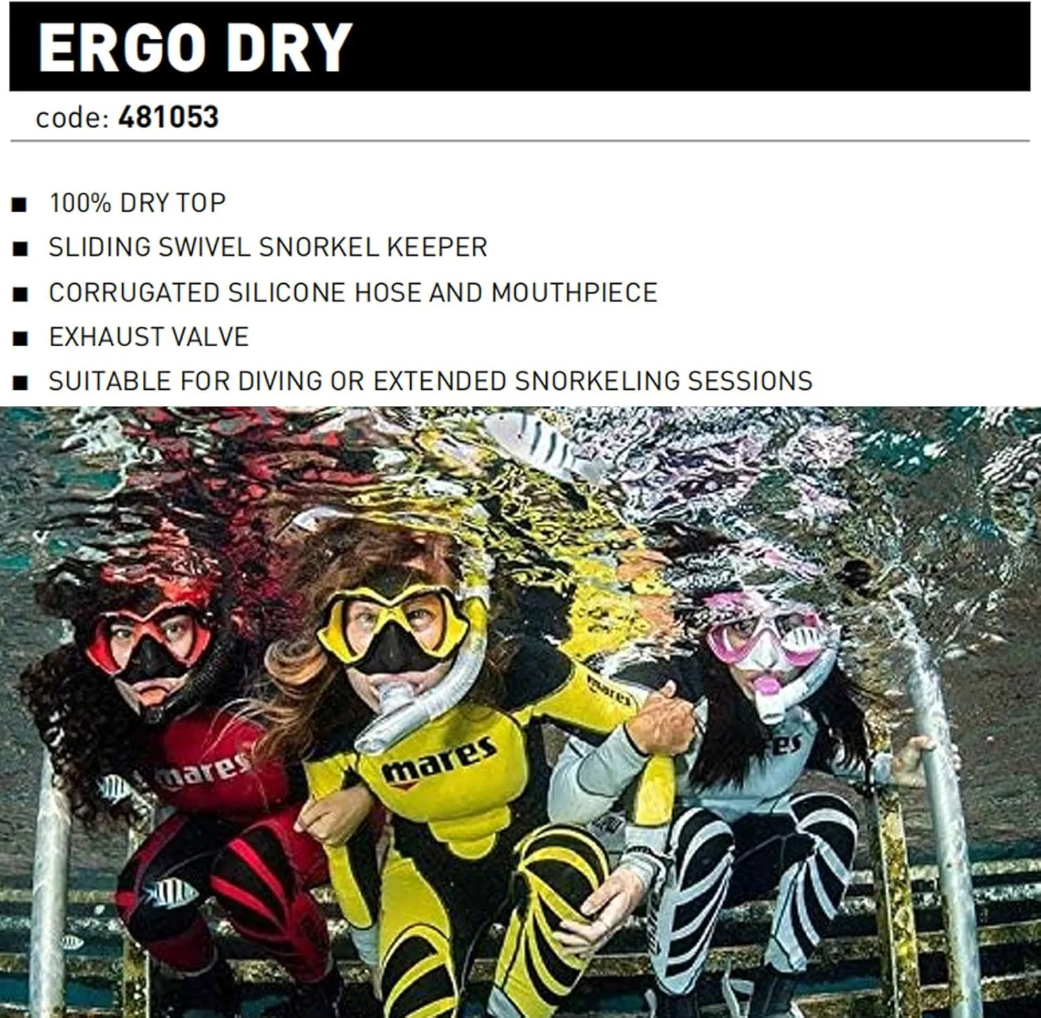 Mares Unisex Adults Ergo Dry Snorkel - Durable Lightweight Scuba Diving & Snorkeling Gear with Dry Top & Ergonomic Mouthpiece