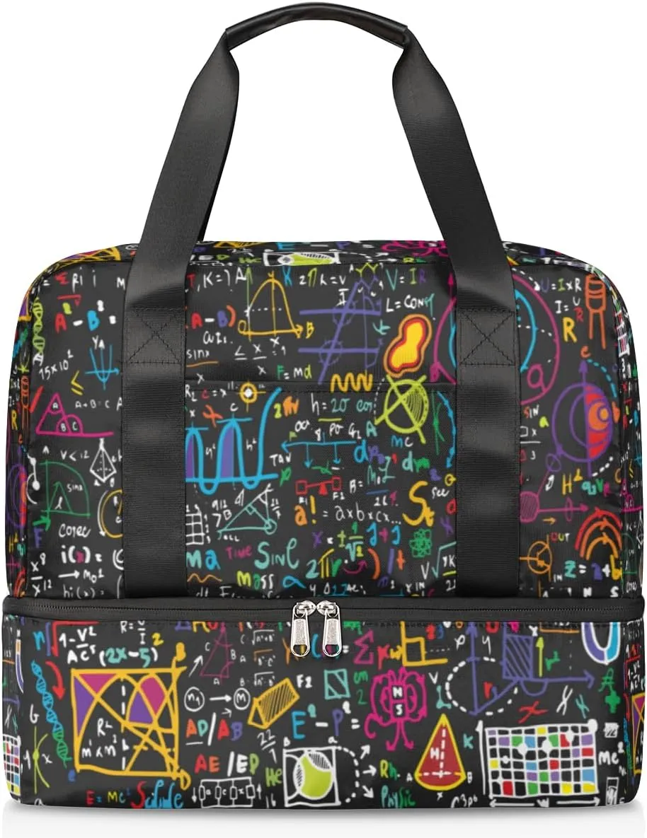 Mathematics Formula Elements Travel Bag Double Tier Zip Closure Weekender Bag with Leather Handle Waterproof Sports Tote Gym Bag for Swim Beach Gym Yoga