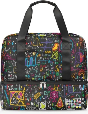 Mathematics Formula Elements Travel Bag Double Tier Zip Closure Weekender Bag with Leather Handle Waterproof Sports Tote Gym Bag for Swim Beach Gym Yoga