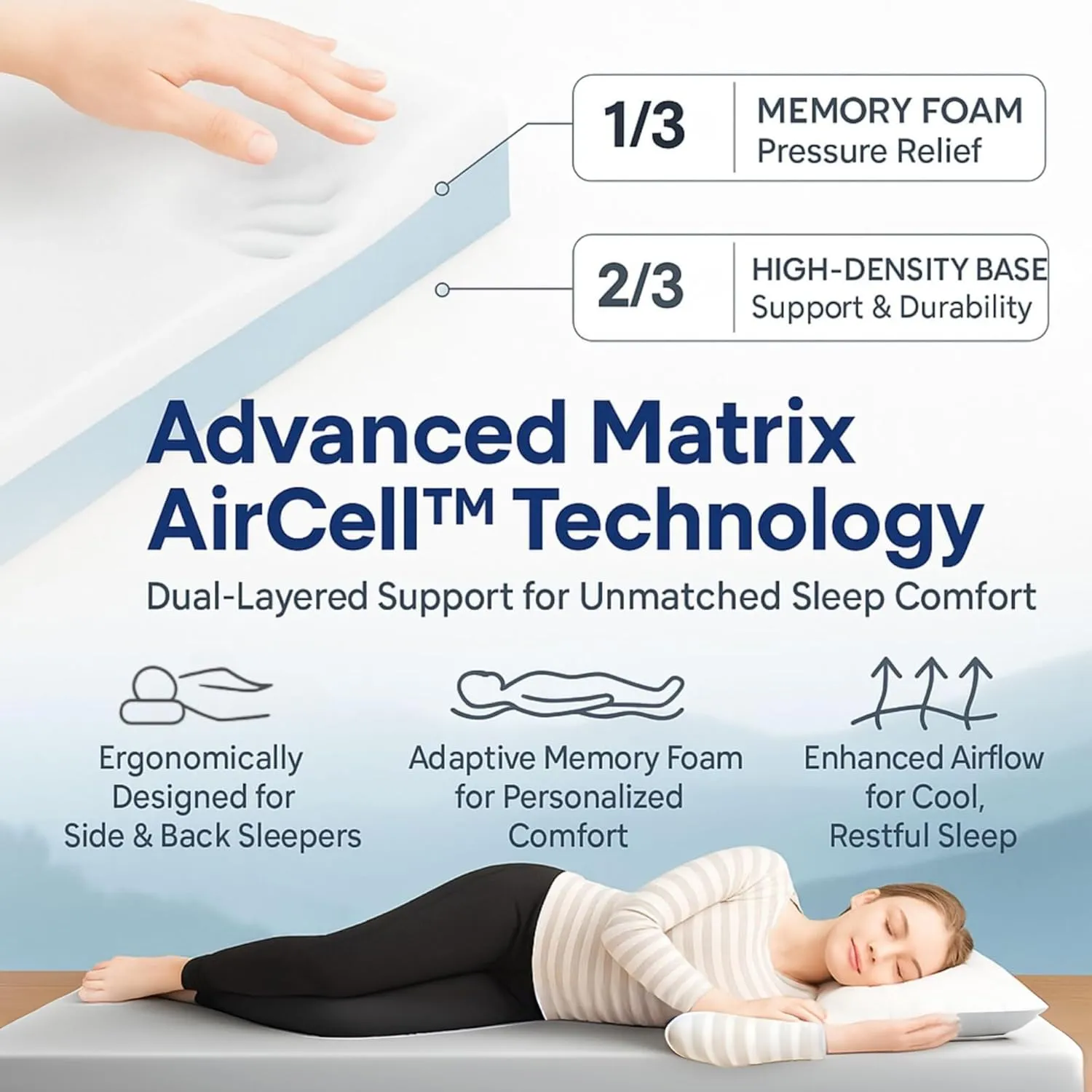 Matrix Comfort-Cell Memory Foam Camping Mattress Pad, Portable Foam Sleeping Pad for Camping, Roll up Sleeping Mat for Adults Floor Mattress Guest Floor Bed for Sleepover, Car, Tent SUV Cot Mattress
