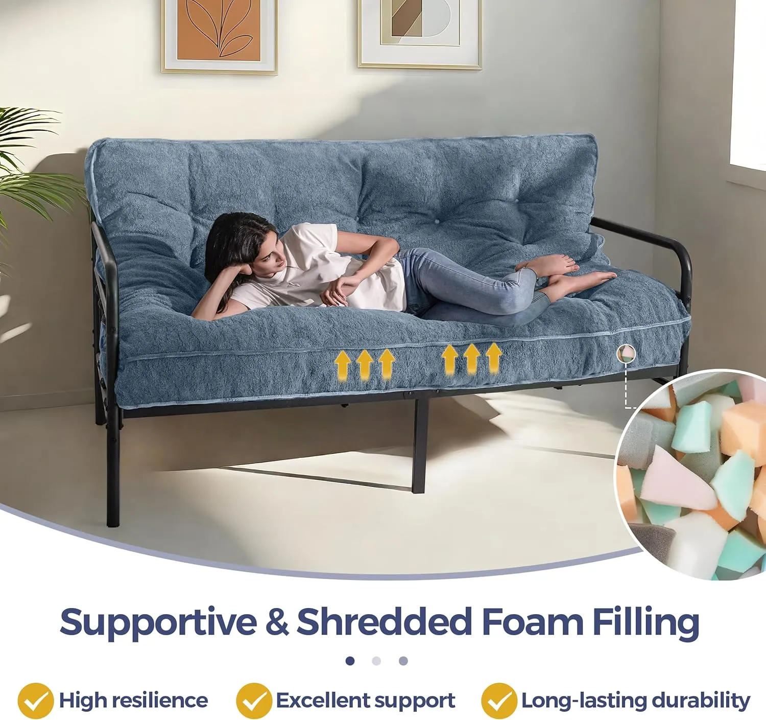 MAXYOYO 6" Futon Mattress Full Size, Thick Boucle Futons Sofa Couch Bed Sleeper Sofa Bed Floor Mattress for Adults, Shredded Foam Filling (Frame Not Included), Dusty Blue