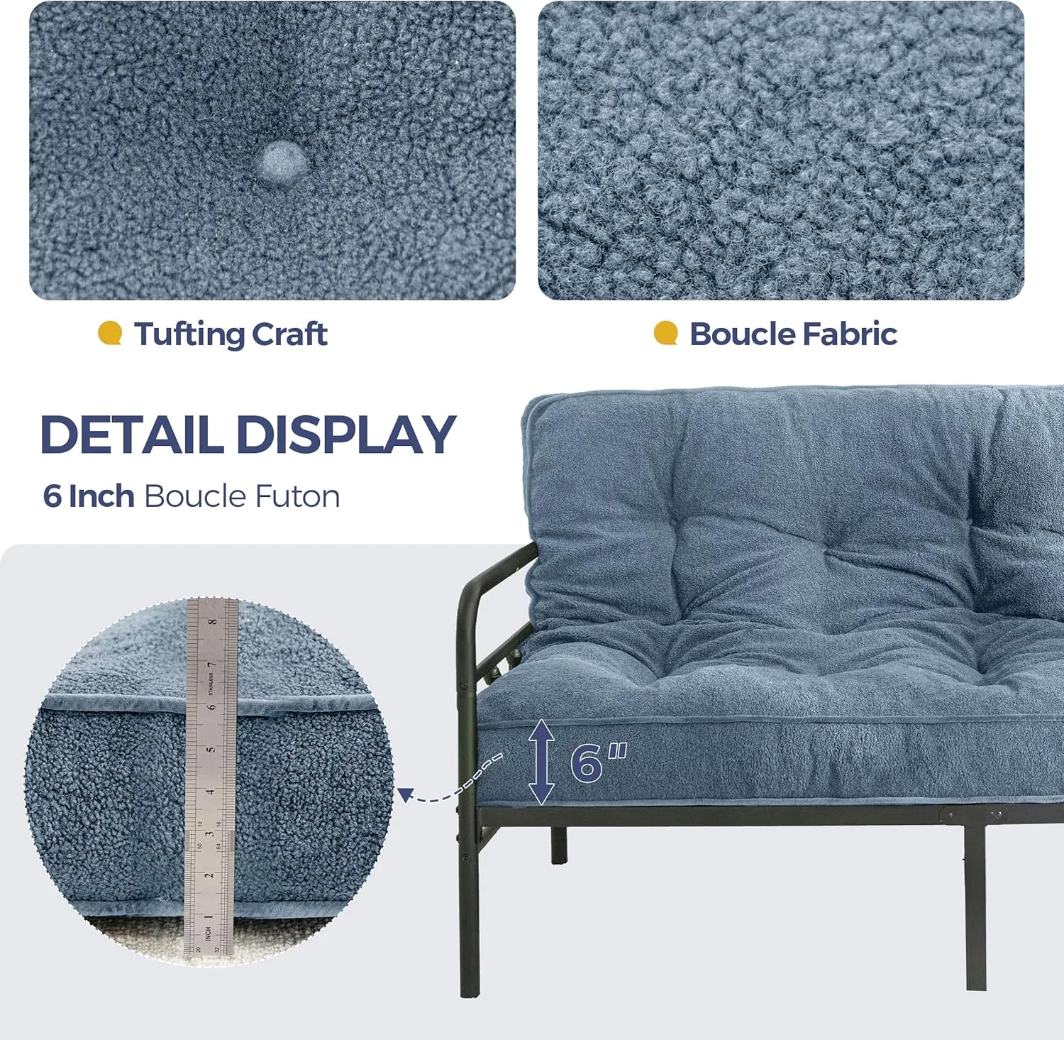 MAXYOYO 6" Futon Mattress Full Size, Thick Boucle Futons Sofa Couch Bed Sleeper Sofa Bed Floor Mattress for Adults, Shredded Foam Filling (Frame Not Included), Dusty Blue