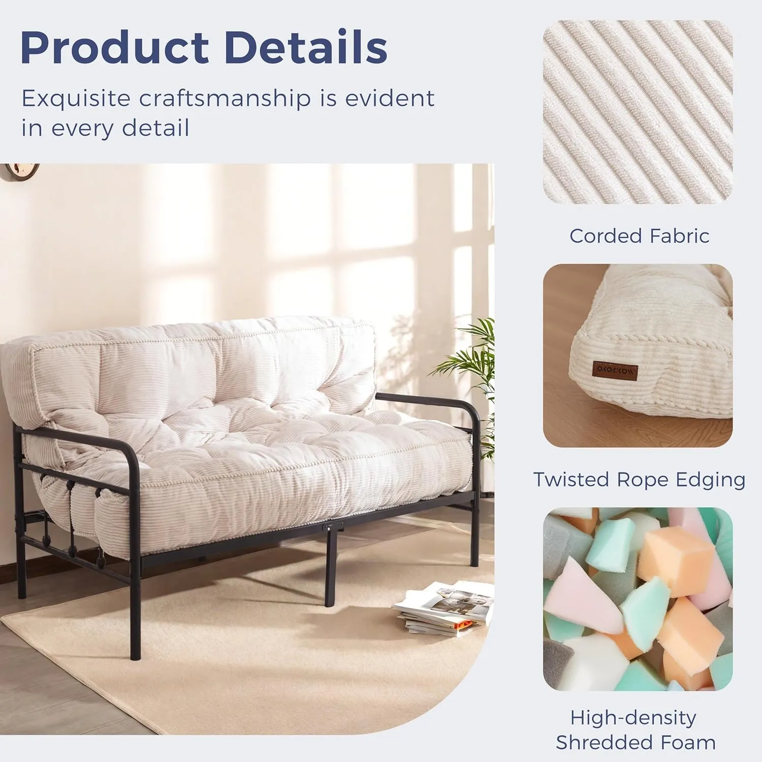 MAXYOYO 8" Futon Mattress Full Size, Ultra Thick Futons Sofa Couch Bed Tufted Sleeper Sofa Bed, Floor Mattress for Adults, Shredded Foam Filling (Frame Not Included), Beige