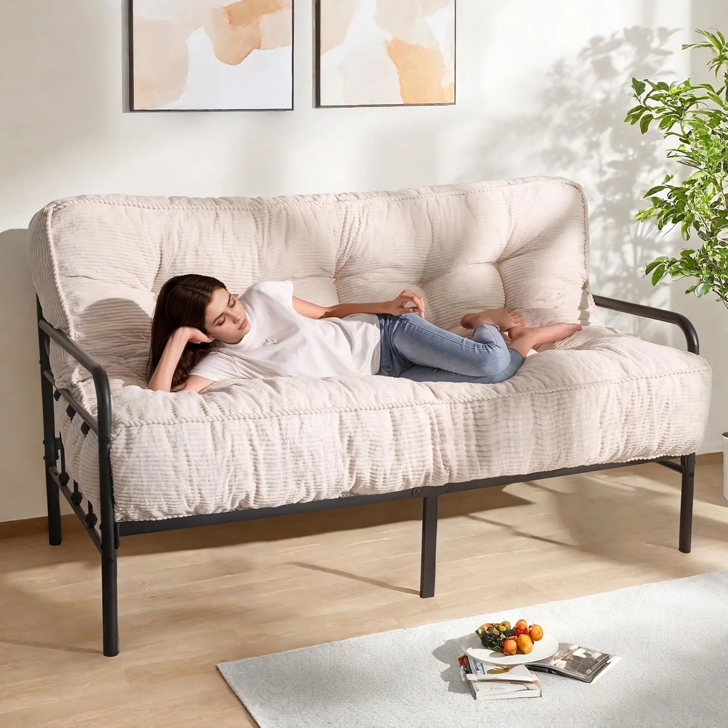 MAXYOYO 8" Futon Mattress Full Size, Ultra Thick Futons Sofa Couch Bed Tufted Sleeper Sofa Bed, Floor Mattress for Adults, Shredded Foam Filling (Frame Not Included), Beige