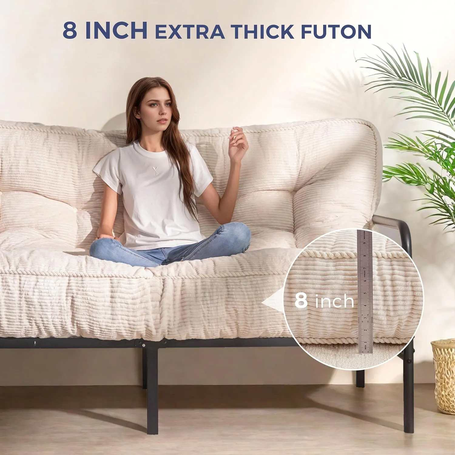 MAXYOYO 8" Futon Mattress Full Size, Ultra Thick Futons Sofa Couch Bed Tufted Sleeper Sofa Bed, Floor Mattress for Adults, Shredded Foam Filling (Frame Not Included), Beige