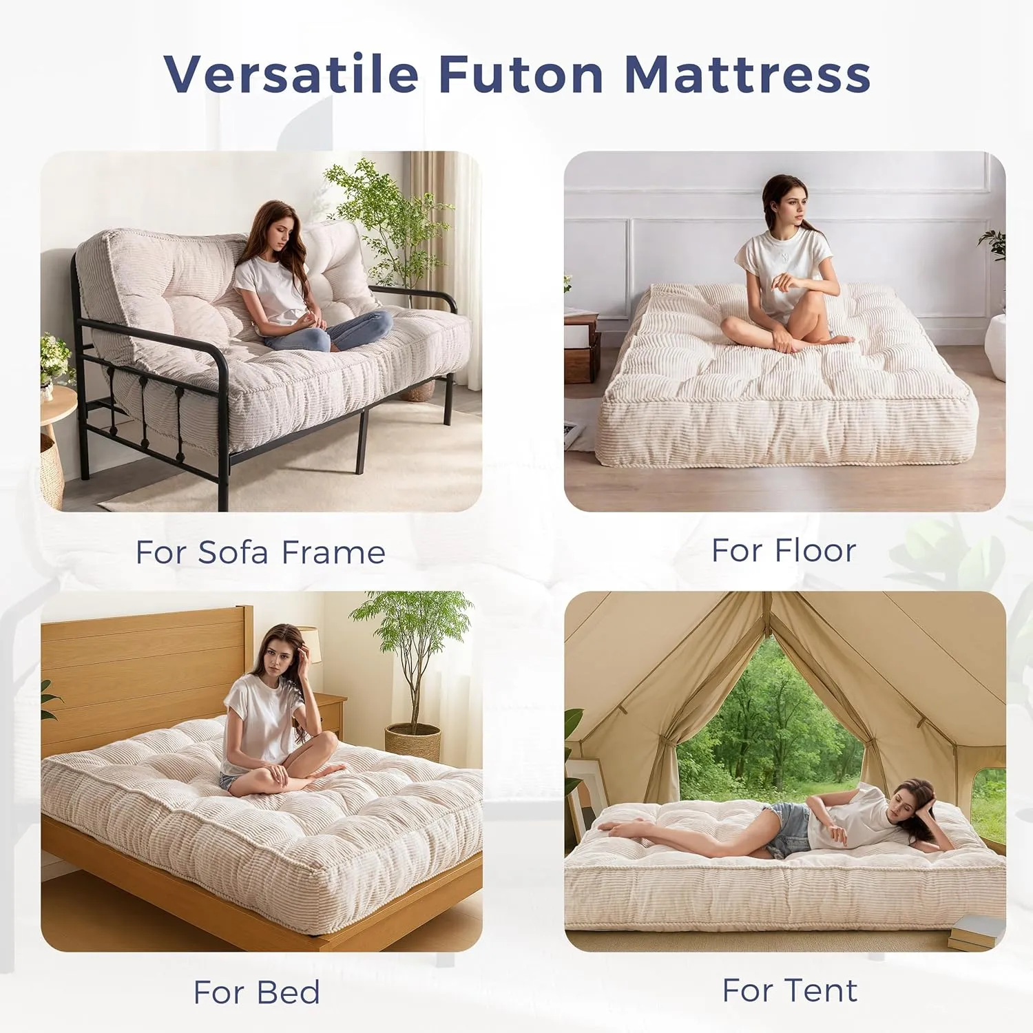 MAXYOYO 8" Futon Mattress Full Size, Ultra Thick Futons Sofa Couch Bed Tufted Sleeper Sofa Bed, Floor Mattress for Adults, Shredded Foam Filling (Frame Not Included), Beige