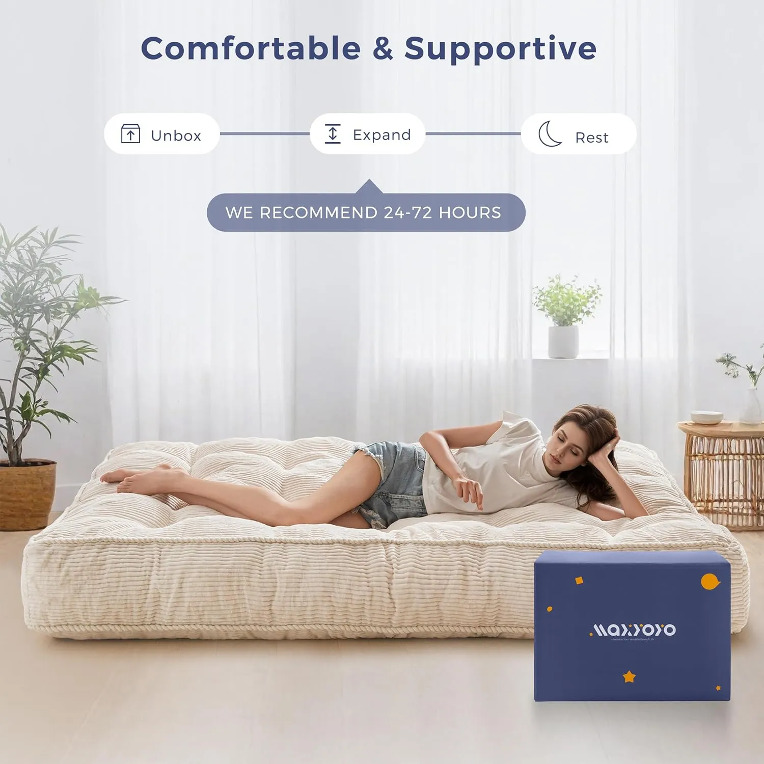 MAXYOYO 8" Futon Mattress Full Size, Ultra Thick Futons Sofa Couch Bed Tufted Sleeper Sofa Bed, Floor Mattress for Adults, Shredded Foam Filling (Frame Not Included), Beige